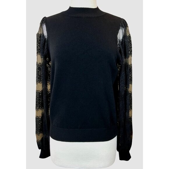 Nanette Lepore Black Sweater Ribbed Neck Cuffs Hem Pleated Lace Long Sleeves M - Picture 1 of 7